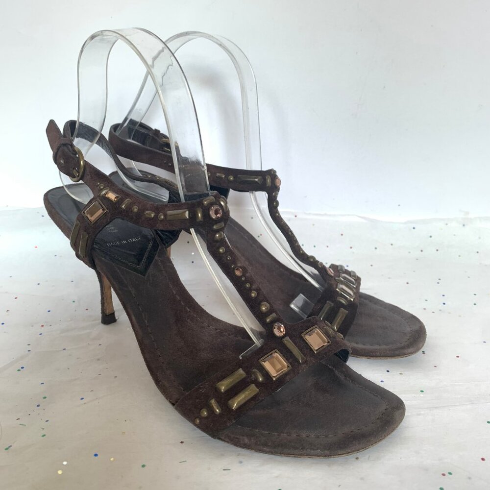 Miu Miu Y2K Chocolate Brown Suede Jeweled T strap Sandal  Square toe - Size 40